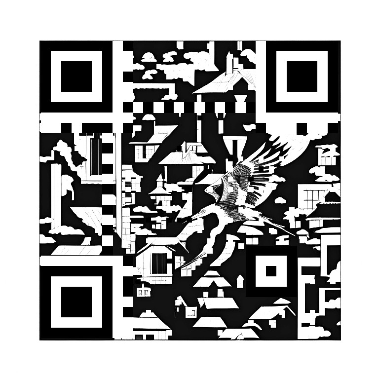 A stork flying over rooftops. The whole picture is a working QR code
